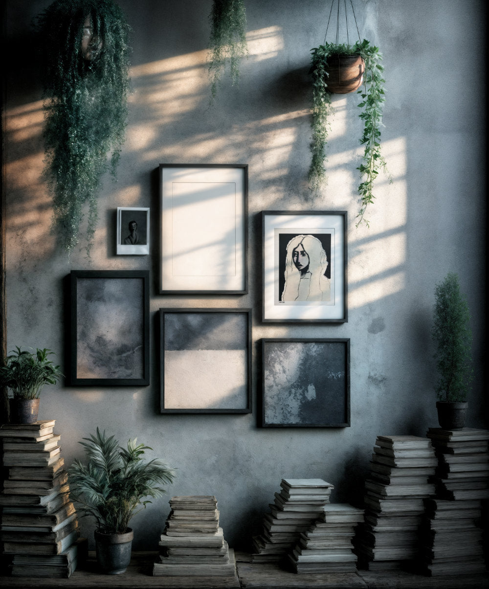 Art print of "Mona" on eco-friendly hemp paper, unframed, displayed in a room with stacked books and potted plants.